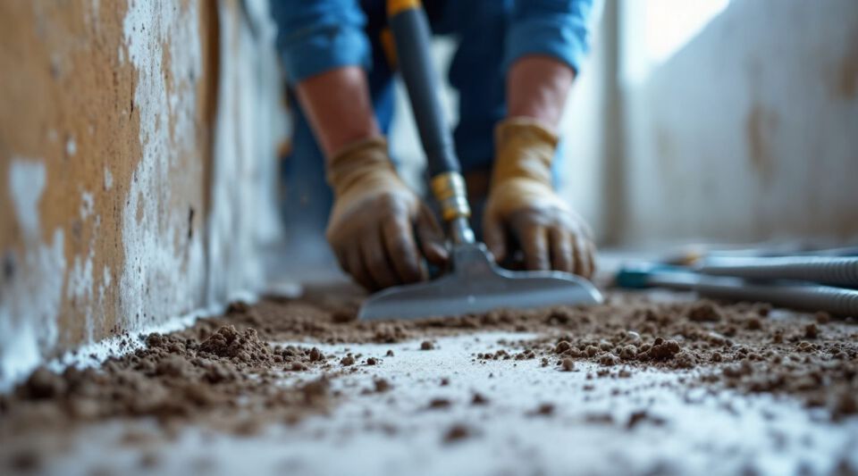 Professional inspecting mold growth in a dark crawl space with a flashlight