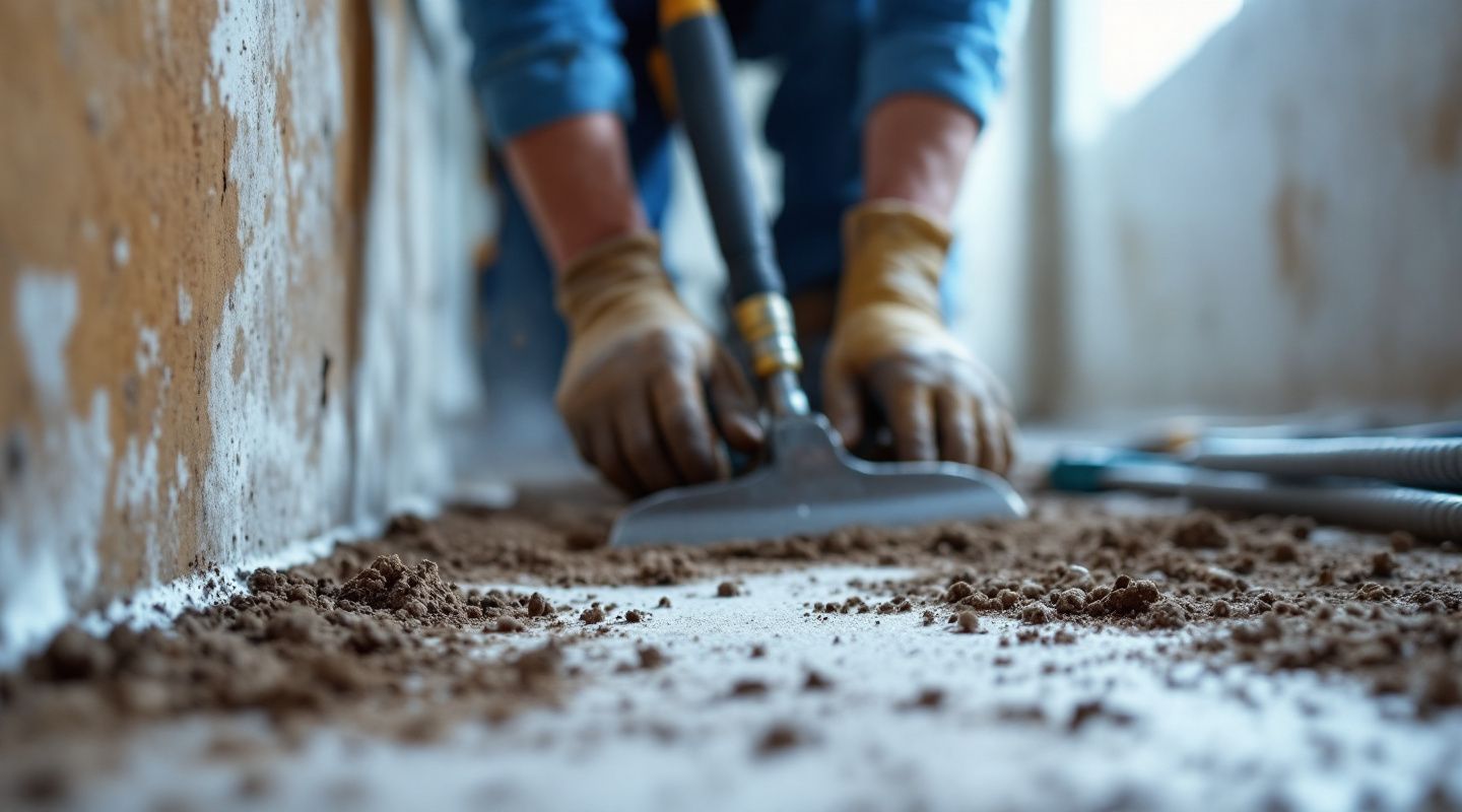 Professional inspecting mold growth in a dark crawl space with a flashlight