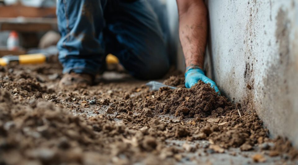 Professional mold remediation technician inspecting a crawl space with specialized equipment