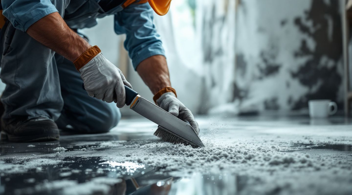 A technician in protective gear inspecting a wall for mold growth with specialized equipment.