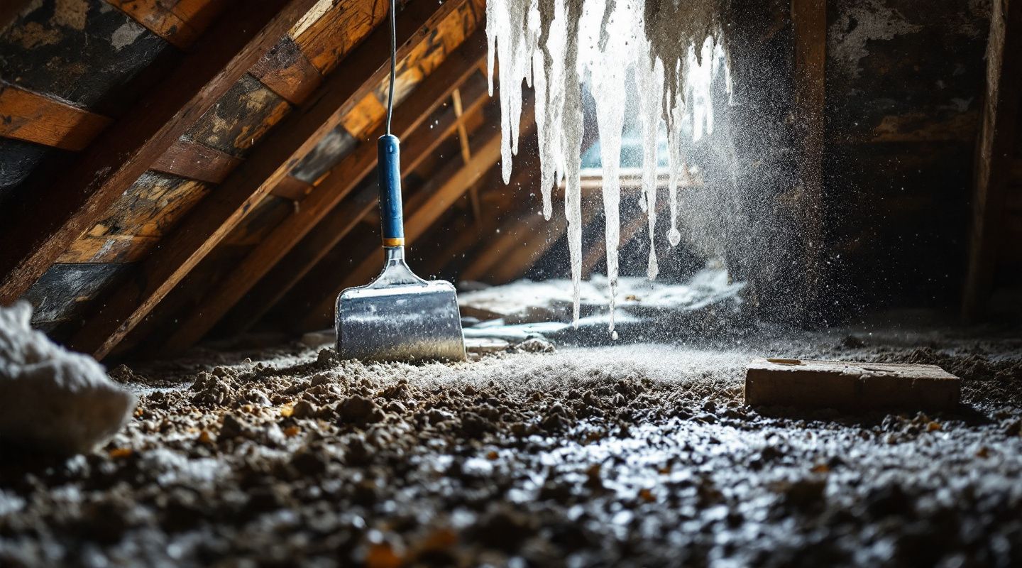 Professional mold remediation technicians inspecting a dark, moldy attic space with specialized equipment.