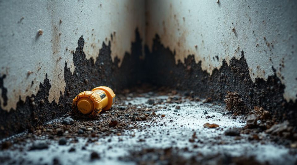 Close-up of black mold growth on a wall, showing severity