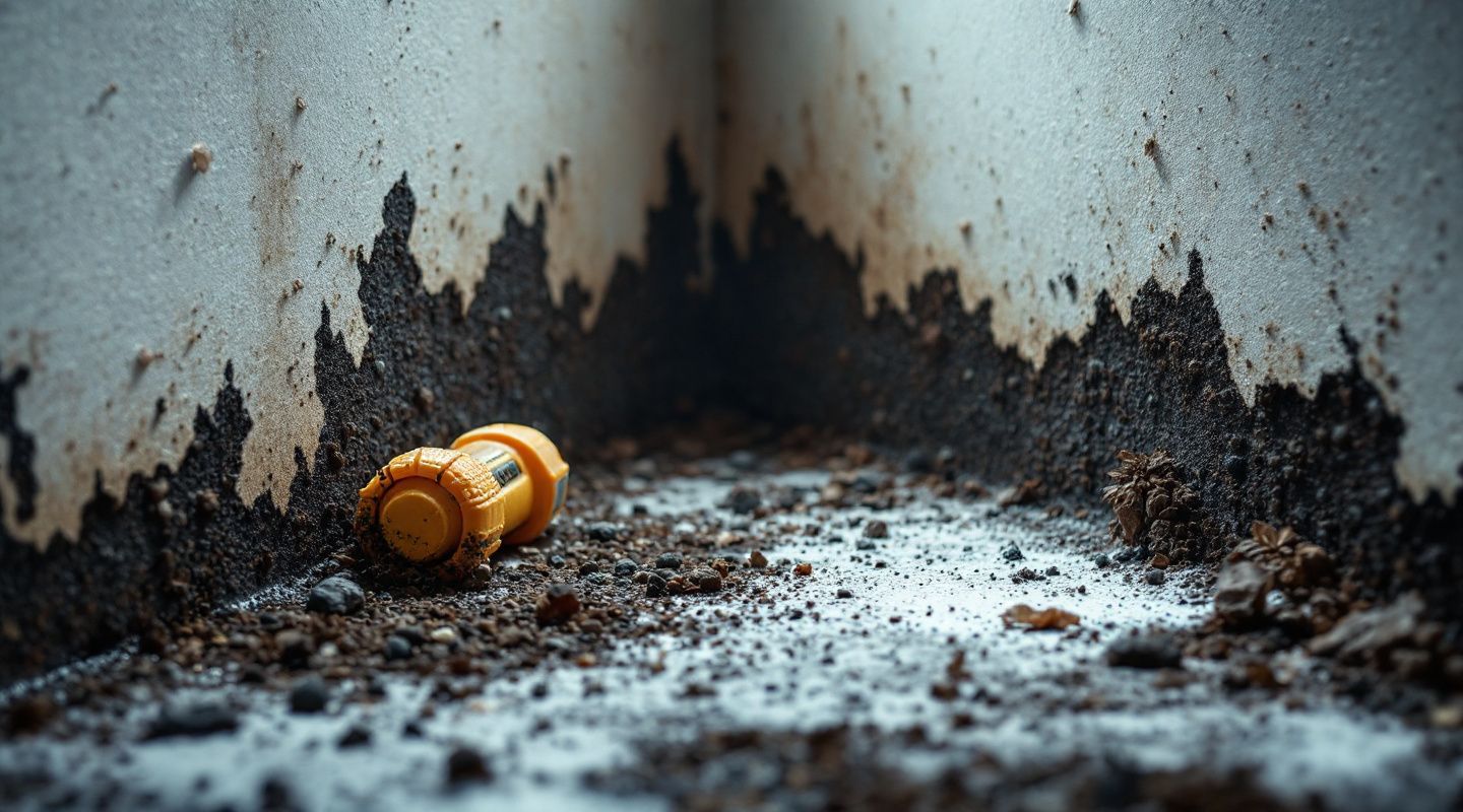 Close-up of black mold growth on a wall, showing severity