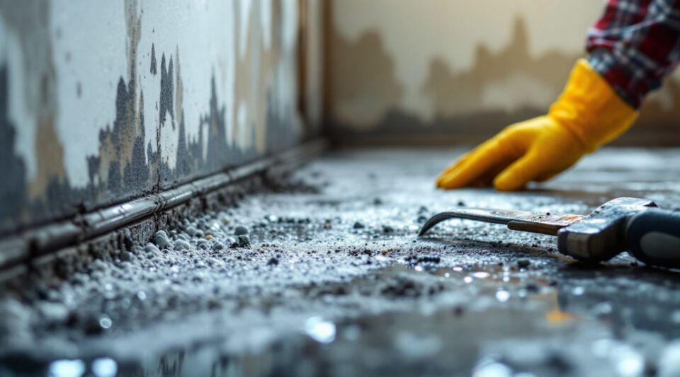 Technicians in hazmat suits inspecting a water-damaged wall with visible mold growth, indicating an urgent mold remediation situation.