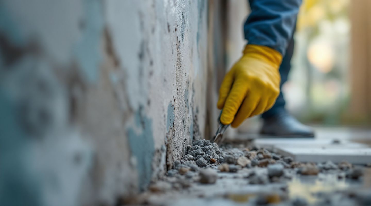 Mold remediation technician in protective gear inspecting a wall with visible mold growth