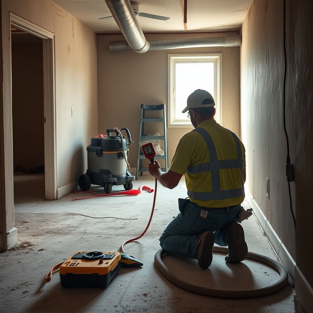 A Royal Ridge Mold Removal technician explaining the remediation process to a Georgetown homeowner, pointing to a moisture meter reading.