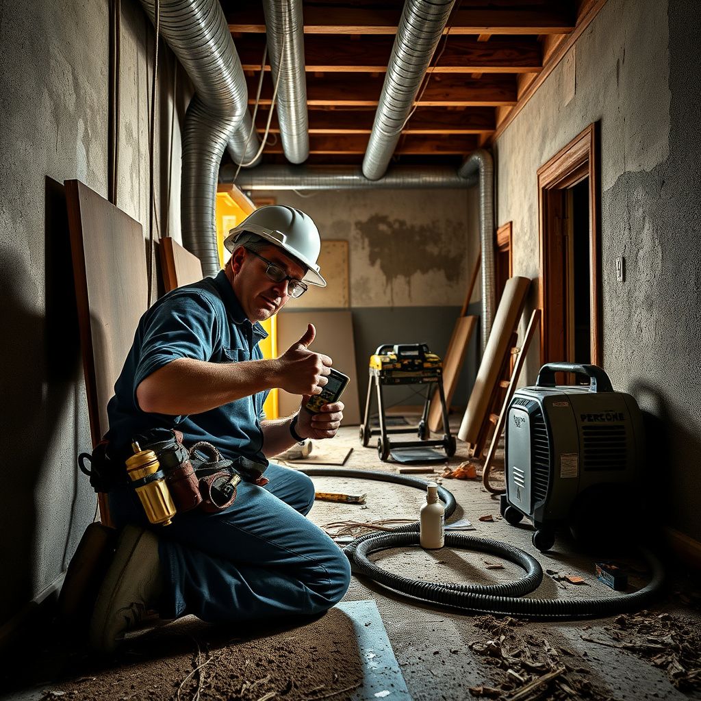 Certified mold remediation specialist performing air quality testing in a Hutto residence.