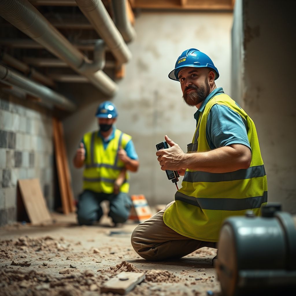 A certified mold remediation technician inspecting a wall in a Kyle, Texas home with a moisture meter, wearing protective gear.