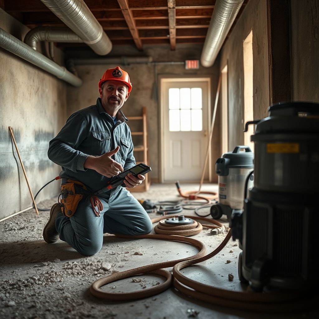 A Royal Ridge Mold Removal technician in full PPE conducting a thorough mold inspection with a moisture meter in a Taylor, Texas home.